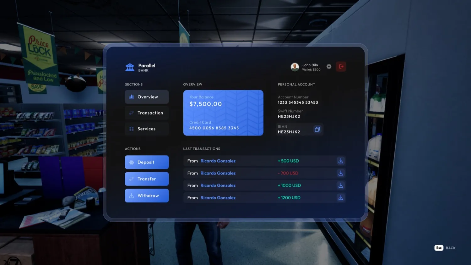 The in-game bank, with balances, transfers and a virtual card