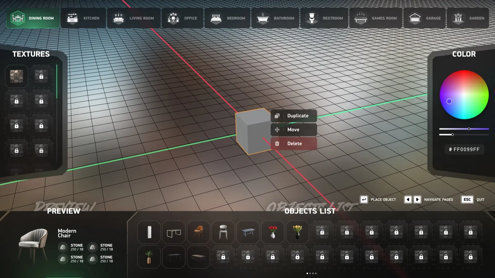 The building editor: place, texture and colour objects on a plot