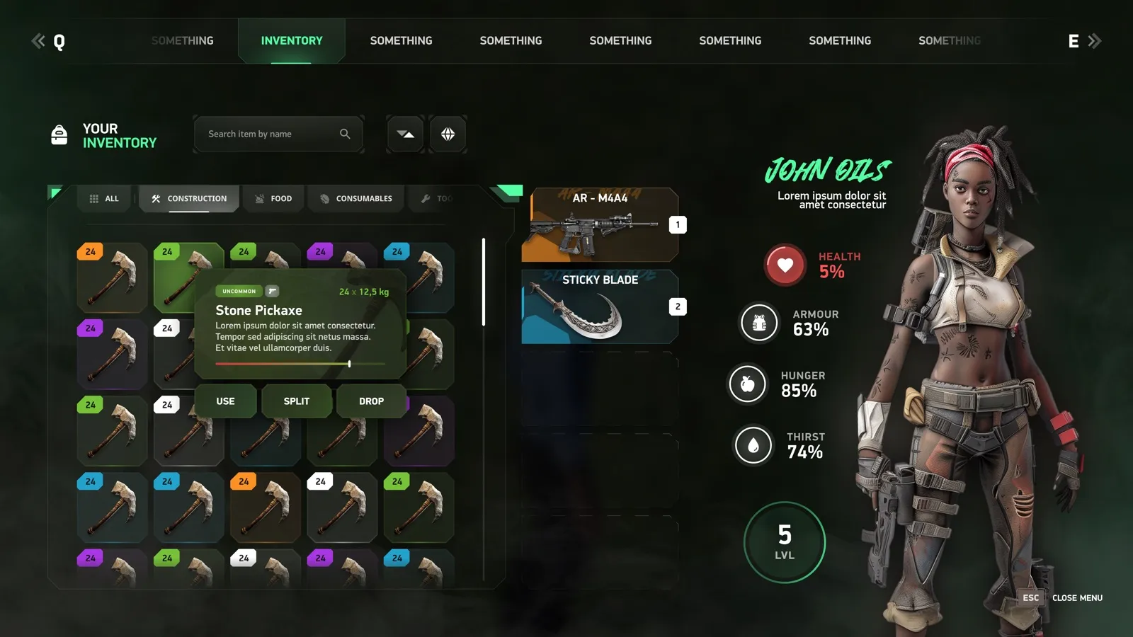 The rebuilt in-game inventory: rarity, vitals and gear, all on the new system.