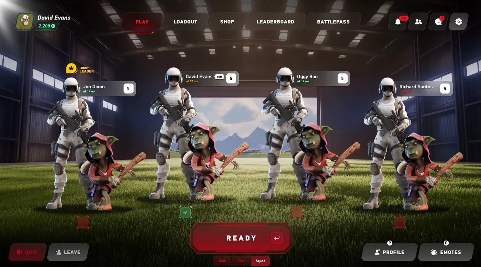The Purge Hour lobby: load-out, team and battle pass, in its own red key.
