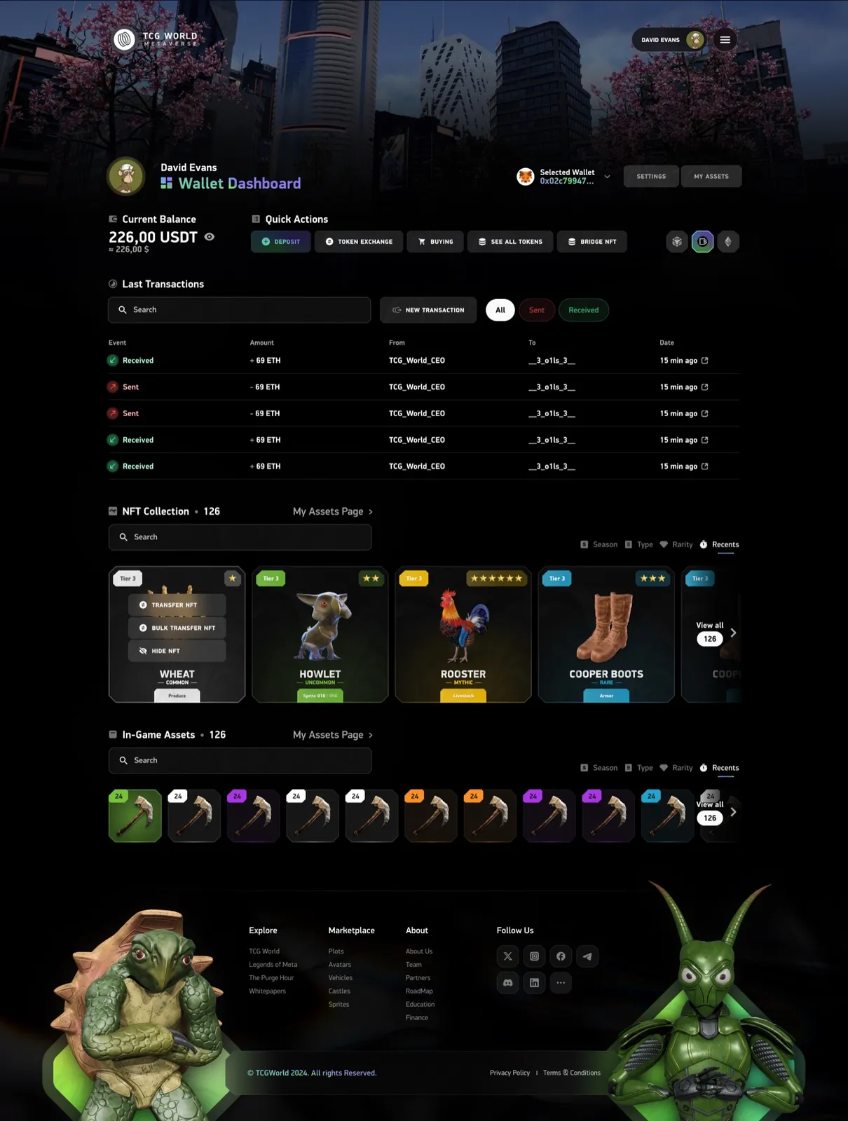 The wallet, where players hold and trade their NFTs